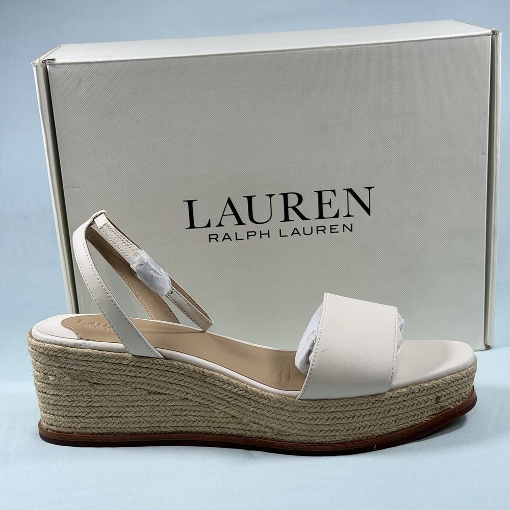 Laure Ralph Lauren Size-11B Leona Espadrille Platform Wedge Sandal Leather White